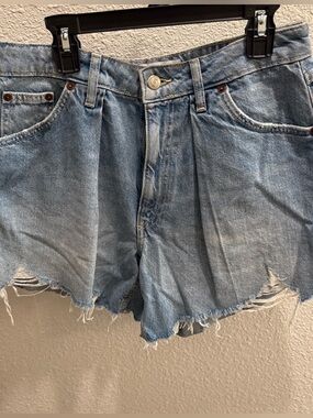 Topshop Light Blue High-Rise Pleated Denim Shorts